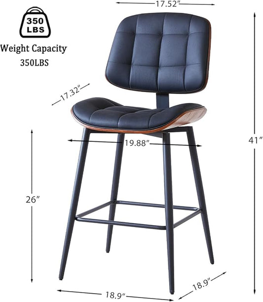 Mid Century Modern Bar Stools Set of 3 for Kitchen Island,Upholstered Black Faux Leather Counter Height stools,26 Inch Counter stools with Walnut Grain Back