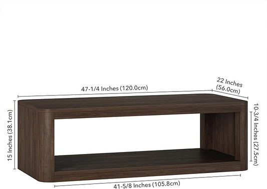 Henn&Hart 47" Rectangular Low-Profile Coffee Table with Open Storage Shelf for Living Room, Family Room, or Office, Alder Brown