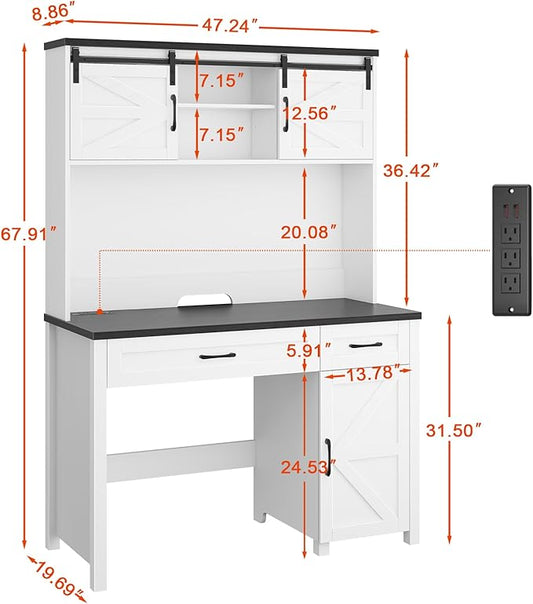 Vabches Farmhouse 47" Executive Desk, Computer Desk with 2 Drawers, LED Light and Storage Cabinet, Home Office Desk with Hutch, Charging Hub, Workstation for Home Office and Study,(Black desktop).