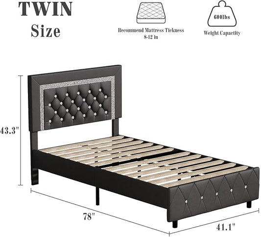 BarnFurin Twin Bed Frame with Diamond Tufted Headboard, Faux Leather Upholstered Bed with Wooden Slats Support, No Box Spring Needed, Mattress Foundation, Easy Assembly, Grey