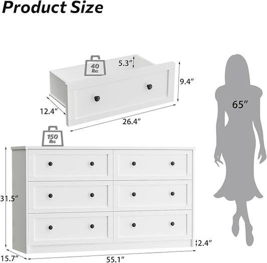 6 Drawer Double Dresser for Bedroom, 55.1" Wide Dressers & Chests of Drawers with Large Capacity Storage,White Dresser for Bedroom,Hallway,White