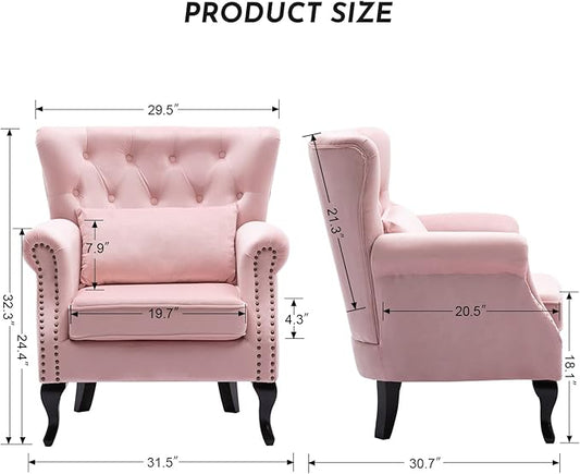 Accent Reading Arm Chairs for Living Room Bedroom, Midcentury Modern Comfy Corner Sofa Chair, Wingback Waiting Room Club Chair with Button Tufted Back &Lumbar Pillow, Velvet Pink