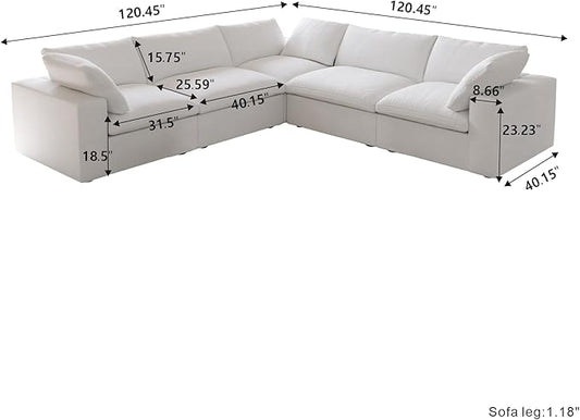 Cloud Couch Modular Sectional Sofa,160.6" Down Filled 5 Seater Convertible Sectional Sofas,V Shaped Couch for Living Room,Covers Washable&Replaceable,White