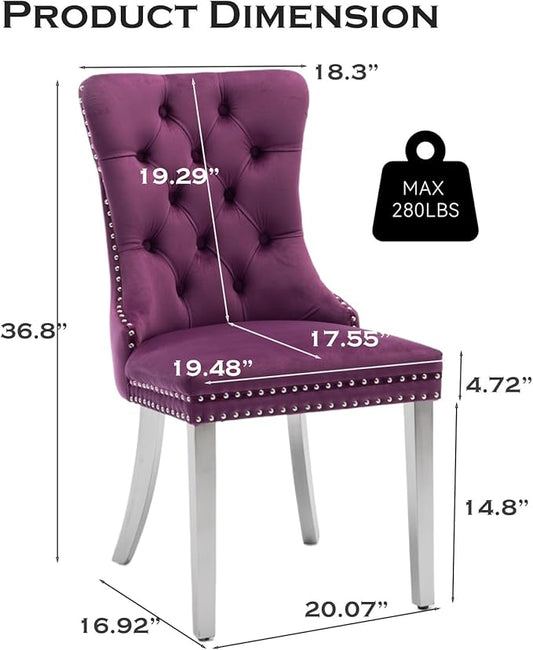 Velvet Upholstered Dining Chairs Set of 2, Modern Kitchen Side Chairs with Nailhead Trim and Silver Plated Leg, Metal Pulling Ring for Dining Room Living Room(Purple-Silver Plated Leg)