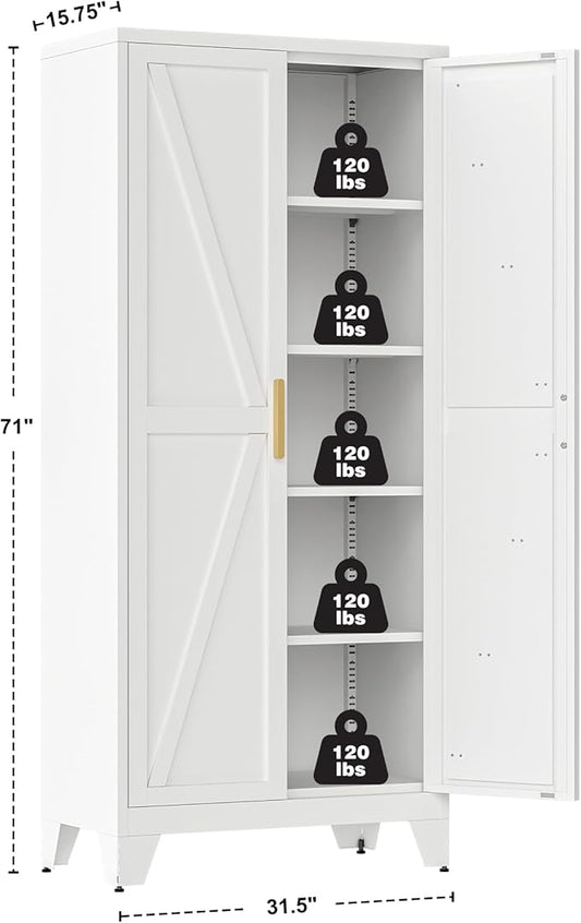 Large Metal Kitchen Pantry Storage Cabinet with Adjustable Shelves - Freestanding Kitchen Storage Cabinet for Dining Room,Livingroom Bathroom, Hallway, Workshop, Office (White, 71"- 0 drawer)