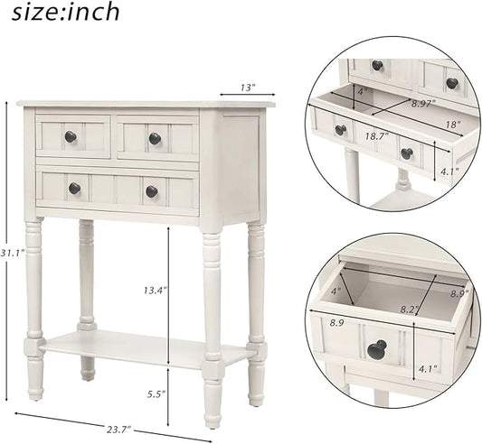 Knocbel Slim Antique Entry Console Table with Drawers & Bottom Open Shelf, Solid Wood Sofa Couch Table for Entryway Hallway Living Room (Ivory White)