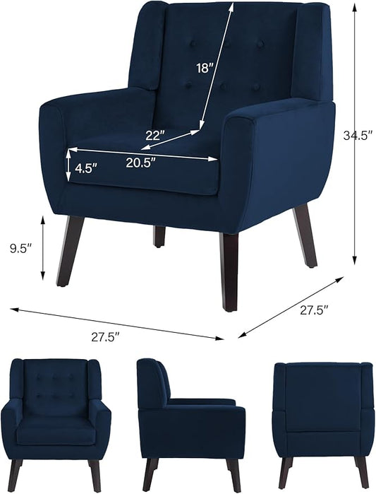 Accent Chair, Modern Velvet Arm Chair for Living Room, Bedroom, Comfy High-Resilient Sponge Reading Chair for Small Spaces (Velvet Royal Blue, Set of 1