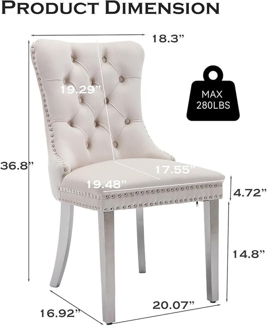 Velvet Upholstered Dining Chairs Set of 2, Modern Style Kitchen Side Chairs with Nailhead Trim and Silver Plated Leg, Metal Pulling Ring for Dining Room Living Room(Creamy White)