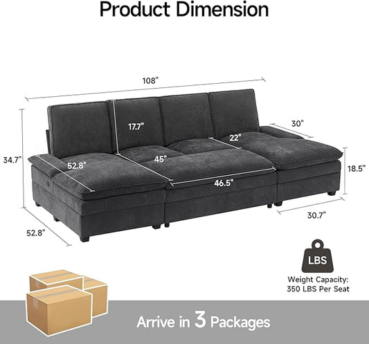 ONBRILL 108" Modular Sectional Sofa,U Shaped Sectional Couch with Movable Ottoman,Cloud Couches for Living Room,Bedroom and Apartment, Grey