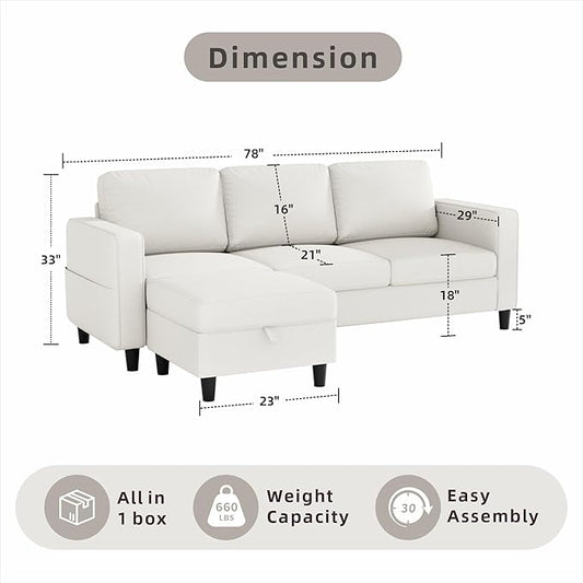 Sectional Sofa and Couches for Living Room, 78'' Beige 3 Seat L-Shaped Couch with Movable Ottoman, Comfy Linen Convertible Sectionals Sofas with Chaise for Apartment, Office, Small Space