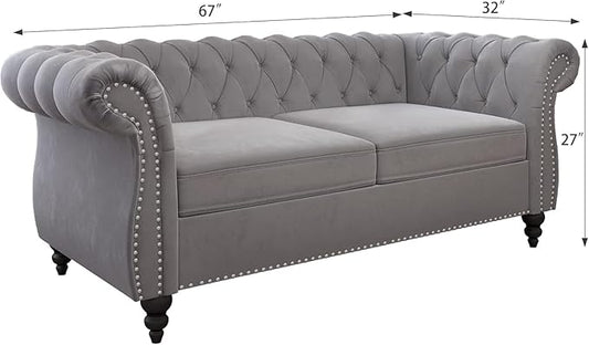 Chesterfield Loveseat Sofa, Modern Velvet Small Sofa Couch 2 Seater with Rolled Arms and Nailhead, Mid Century Modern Loveseat Couch for Small Spaces Living Room Bedroom Apartment, Grey