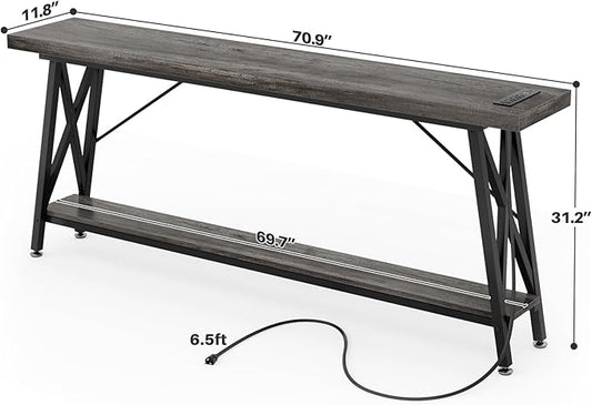 Homieasy 70.9 Inch Extra Long Console Table, Industrial Sofa Table Behind Couch with Charging Station & Storage Shelf, Entryway Table for Living Room & Entryway, Grey Oak