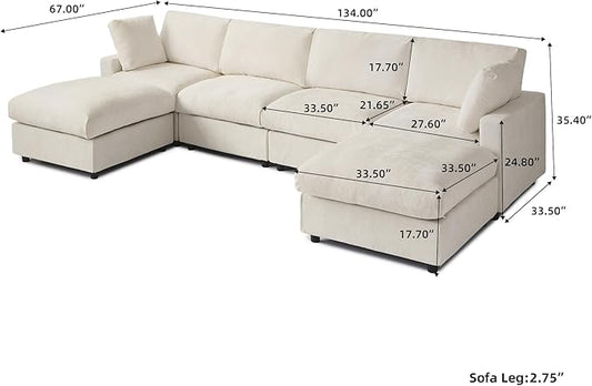WJShome U Shaped Sectional Couch 134 Inch 4-Seater Modern Modular Sofa with 2 Ottoman,Chenille Deep Seat Couches for Living Room, Bedroom and Apartment,Beige