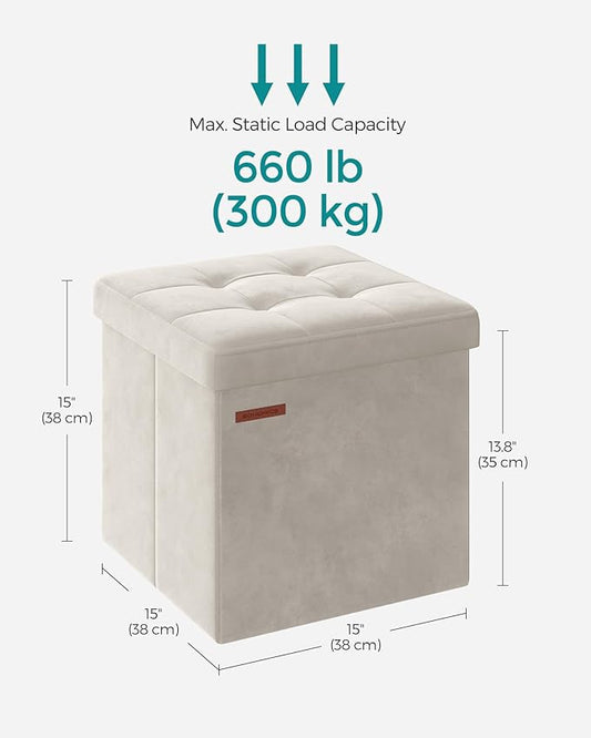 SONGMICS Small Storage Ottoman, Folding Ottoman Cube, 15 x 15 x 15 Inches, Footstool, Footrest, 11 Gal. (43 L), Velvet Surface, for Bedroom, Living Room, Dorm, Cream White ULSF227W01