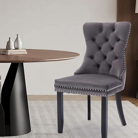 Velvet Upholstered Dining Chairs Set of 2, Modern Style Kitchen Side Chairs with Nailhead Trim and Wood Legs,Metal Pulling Ring for Dining Room Living Room(Grey,Set of 2)