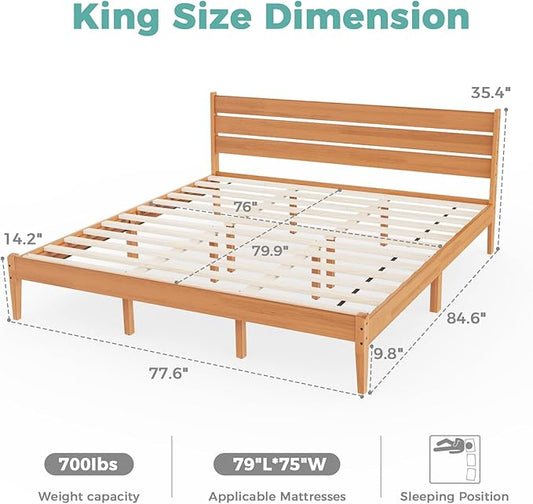 Solid Wood King Size Bed Frame with Ladder Headboard, Malaysian Oak Platform Bed Frame, Modern Bedframe with Wooden Slats, No Box Spring Needed, Easy Assembly, King Size, Rustic Pine