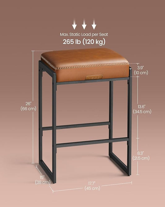 VASAGLE EKHO Collection - Bar Stools Set of 2, Counter Height Bar Stools, Synthetic Leather with Stitching, Mid-Century Modern Counter Stools, 26-Inch Tall, Kichen Home Bar Dining Room, Caramel Brown