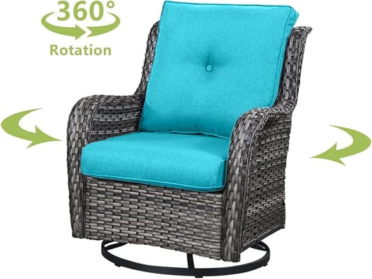 HUMMUH 3-Piece Swivel Rocking Rattan Chair Outdoor, Patio Bistro Furniture Conversation Set, Cushioned Wicker Chair with Glass Coffee Table(Grey,Blue)