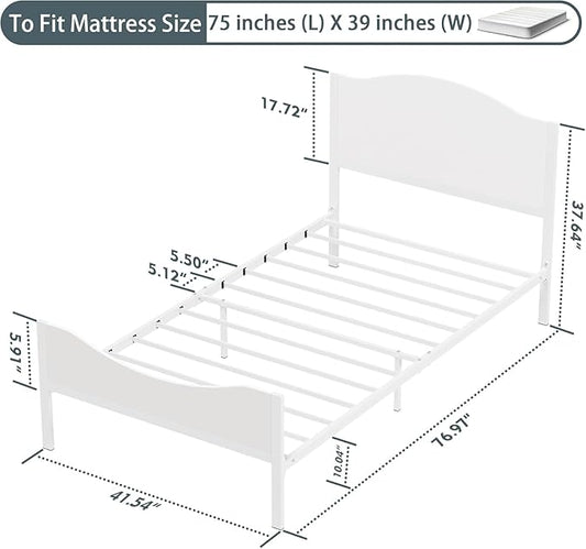Timy Kids Twin Bed Frame with Wooden Headboard and Footboard, Metal Platform Bed Frame for Boys Girls Teens Adults, Modern Kids Furniture, No Box Spring Needed, White