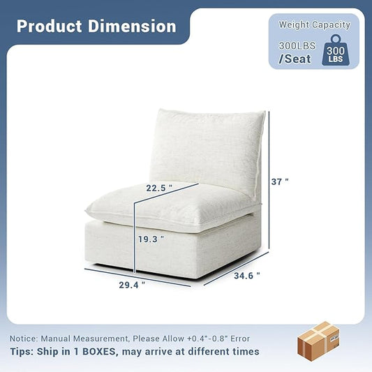 Cloud Middle Sectional, Waterproof Down Filled Sectional Sofa, High Backrest Modular Sectional Couches for Living Room, Modern Modular Couch with Removable Cover, Cream White