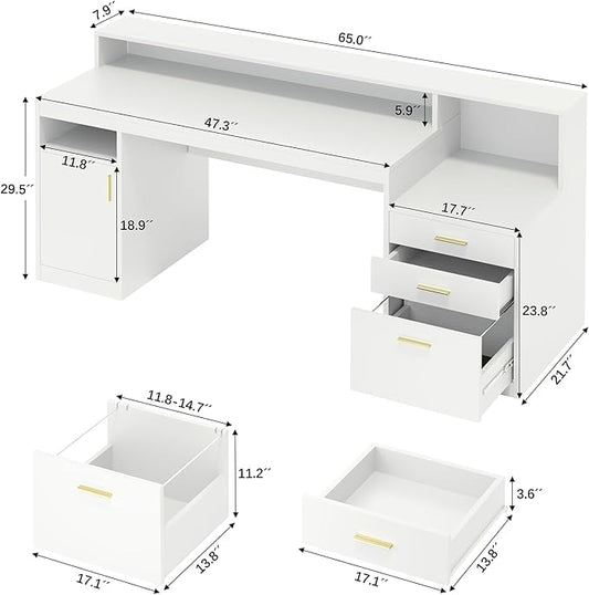 Computer Desk with 3 Drawer & Storage Shelves, Home Office Desk with File Drawer & Cabinet, Writing Study Table with Long Monitor Stand & Printer Shelf, Executive Desk, White