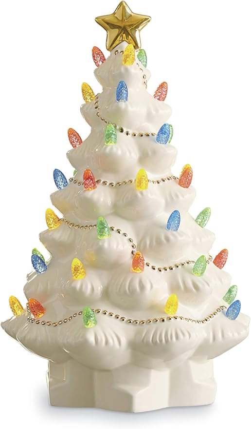Lenox Figurine, Treasured Traditions Ivory Light-Up Ceramic Christmas Tree Figurine, Christmas Decorations, Holiday Winter Decor Indoor (Ivory, 1 Piece, 8.82-Inch Height) 3 AAA Batteries Not Included