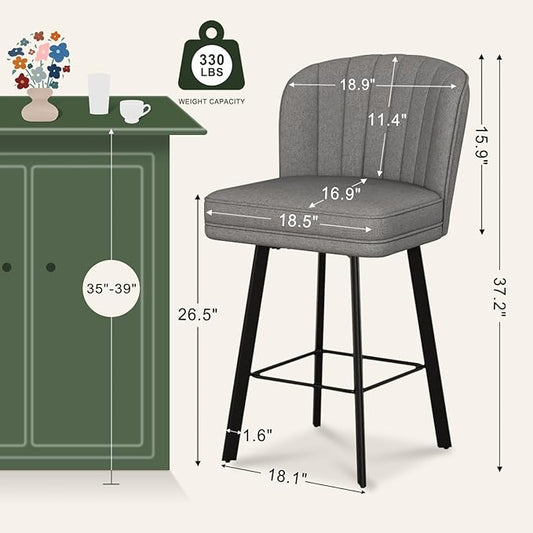 Swivel Counter Height Bar Stools Set of 6, 26'' Modern Barstools with Backs and Metal Legs, Upholstered Bar Chairs,Mid-Gray,Fabric Stools for Kitchen Island Chairs