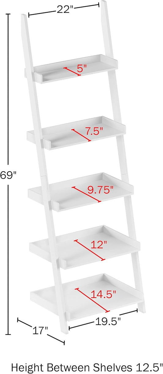 Lavish Home Bookshelf - 5-Tier Ladder Shelf with Leaning Look - Bookcase for Home Decor and Office Storage - Freestanding Book Shelves (White)