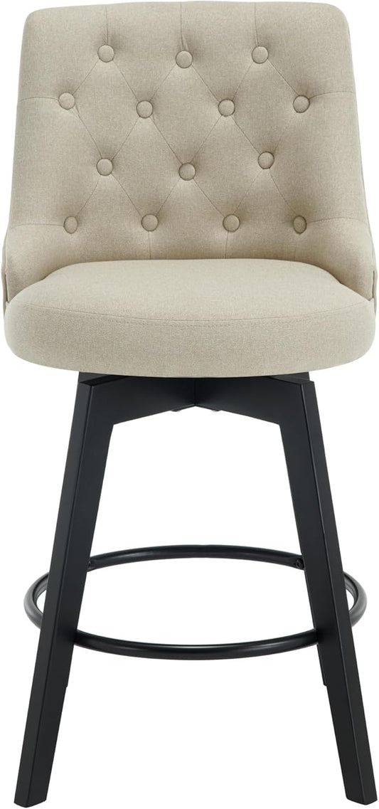 MINCETA Set of 2 Upholstered Bar Stools - 26 Inch Swivel Counter Height Stools with Low Tufted Back, Footrest & Performance Fabric - Khaki Round Seat for Kitchen Island & Home Bar