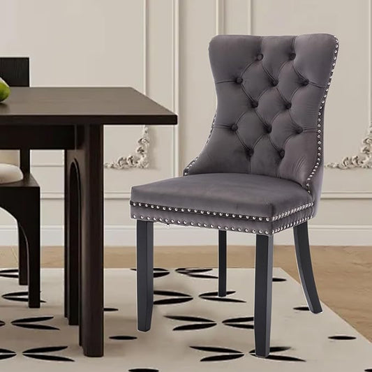 Velvet Upholstered Dining Chairs Set of 6, Modern Style Kitchen Side Chairs with Nailhead Trim and Wood Legs,Metal Pulling Ring for Dining Room Living Room(Grey,Set of 6)
