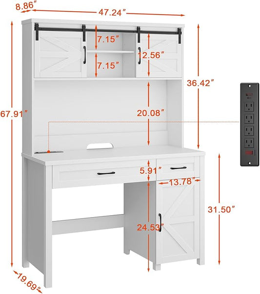 Vabches Farmhouse 47" Executive Desk, Computer Desks with 2 Drawers and Storage Cabinet, Home Office Desk with Hutch and Charging Station, Workspace for Work and Study. (Cream White)
