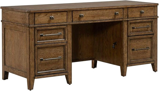 Liberty Furniture Carolina Park Jr Executive Credenza with Keyboard Tray, Locking File Storage for Home Office- Amber Brown Oak Wood
