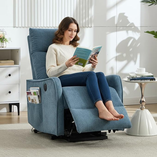 PELUMY Manual Lift Recliner Chair with Massage and Heat for Elderly, Single Motor Electric Lift Chair, Heavy Duty Recliner with USB Charging & Side Pockets (Chenille, Blue)