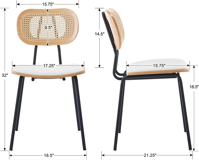 Mid-Century Modern Rattan Cane Back Dining Chairs Set of 6 ā PU Leather Upholstered Seat, Black Metal Legs, Kitchen Side Chairs for Kitchen & Dining Room, White