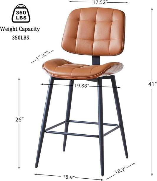 Mid Century Modern Bar Stools Set of 3 for Kitchen Island,Upholstered Brown Faux Leather Counter Height stools,26 Inch Counter stools with Walnut Grain Back