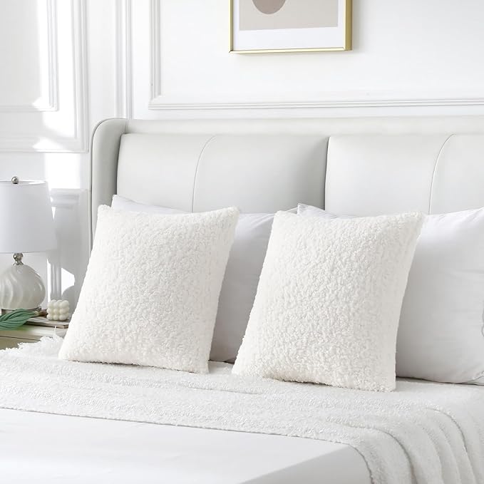 FUTEI Cream White Throw Pillow Covers 20x20 Inch Set of 2,Furry Faux Fur Teddy Boucle Textured Cushion Covers,Soft Fluffy Decorative Pillow Case,Home Decor for Couch Bed Living Room Office Car