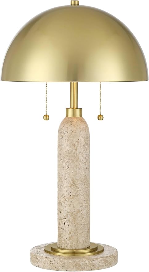Possini Euro Design Chanterelle 24 1/2" High Mushroom Mid Century Modern Table Lamp Pull Chain Beige Faux Stone Finish Single Brass Dome Shade Living Room Bedroom Bedside Nightstand House Office