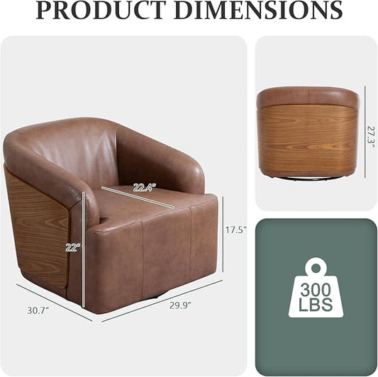 Genuine Leather Swivel Accent Chair Swivel Barrel Chair Comfortable Mid Century Modern Chair Upholstered Metal Base Armchair for Living Room Bedroom Office Large Vintage Brown