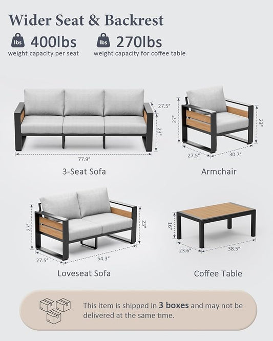 ZANDOR Aluminum Outdoor Patio Furniture - 1 Pcs 3-Seat and Coffee Table, All-Weather Metal Modern Outside Furniture with Washable Thick Cushion for Garden/Backyard/Porch, Grey