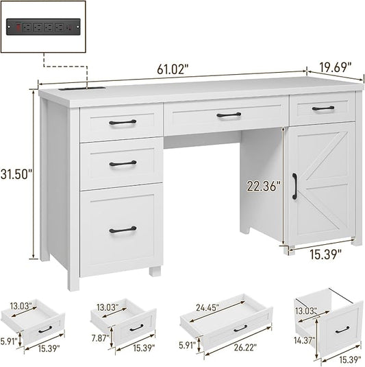 Vabches Farmhouse 61'' Executive Desk with 5 Drawers, Rustic Office Desk Computer Desk with Charging Station, File Drawers and Storage Cabinet, Wood Workstation for Study and Home Office,(Cream White