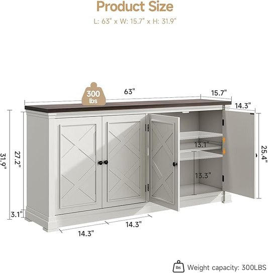 ONBRILL 63 Inches Buffet Cabinet with Storage, Large Sideboard Cabinet with 4 Barn Doors, Adjustable Shelves, Wood Coffee Bar Station for Kitchen, Living Room, Off White