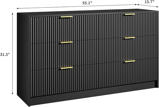 6 Drawers Fluted Dresser for Bedroom, 55" Wide Wooden Dresser with Deep Drawers, Large Floor Chest of Drawers, Modern Long TV Stand, Storage Cabinet Side Table, Black