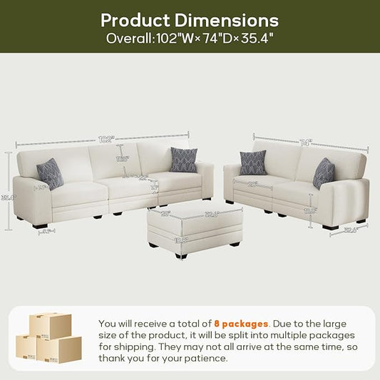 Wanderwell Oversized Modular Sectional Sofa, 6-Seater U Shaped Couches with Movable Ottoman,Corduroy Sectional Couch with Wide and Deep Seats Suitable for Living room,Bedroom,Apartment (Cream, 2+3+OT)
