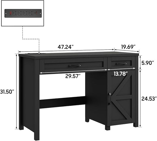 Farmhouse 47" Executive Desk, Computer Desk with Drawers and Storage Cabinet, Workstation Computer Desk for Home Office, Study.Pure Black