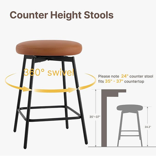 Swivel Bar Stools Set of 2, 24" Counter Height Bar Stool, Backless Barstools with Faux Leather Upholstered Seat&Sturdy Wood Legs for Kitchen Island, Brown