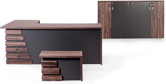 71" Wood Office Furniture Set of 3pcs | Executive Right Side L Shaped Corner Desk & File Drawers w/Telescopic Rail | Coffee Table | Storage Cabinet w/Chrome Handles | Modern Home Workstation