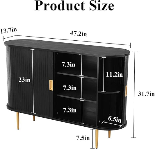 ARTPOWER 47.2" Sideboard Buffet Cabinet with Tambour Door, 6 Heights Adjustable Shelves, Accent Console Cabinet with Storage, Modern Credenza for Living Room, Dining Room, Entryway, Black