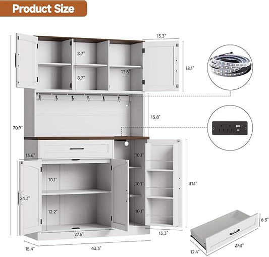 ONBRILL 71" Pantry Cabinet, Kitchen Pantry Storage Cabinet with LED Light & Outlet, Kitchen Hutch with Microwave Shelf & 6 Hook, Door Shelf & Drawer & Adjustable Shelf, Dining Room, Off White+Walnut