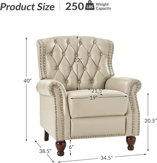 HULALA HOME Genuine Leather Recliner Chair with Solid Wood Feet, Modern Adjustable Tufted Push Back Arm Chair w/Rivet Decoration, Home Theater Seating Single Reclining Sofa for Living Room, Beige