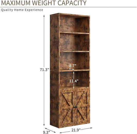 MXV Bookshelf Bookcase with Doors, 6 Tier 71" Tall Wooden Storage Shelves Organizer, Floor Standing Display Cabinet Shelves, Home Decor Furniture for Home Office, Living Room, Bedroom, Brown